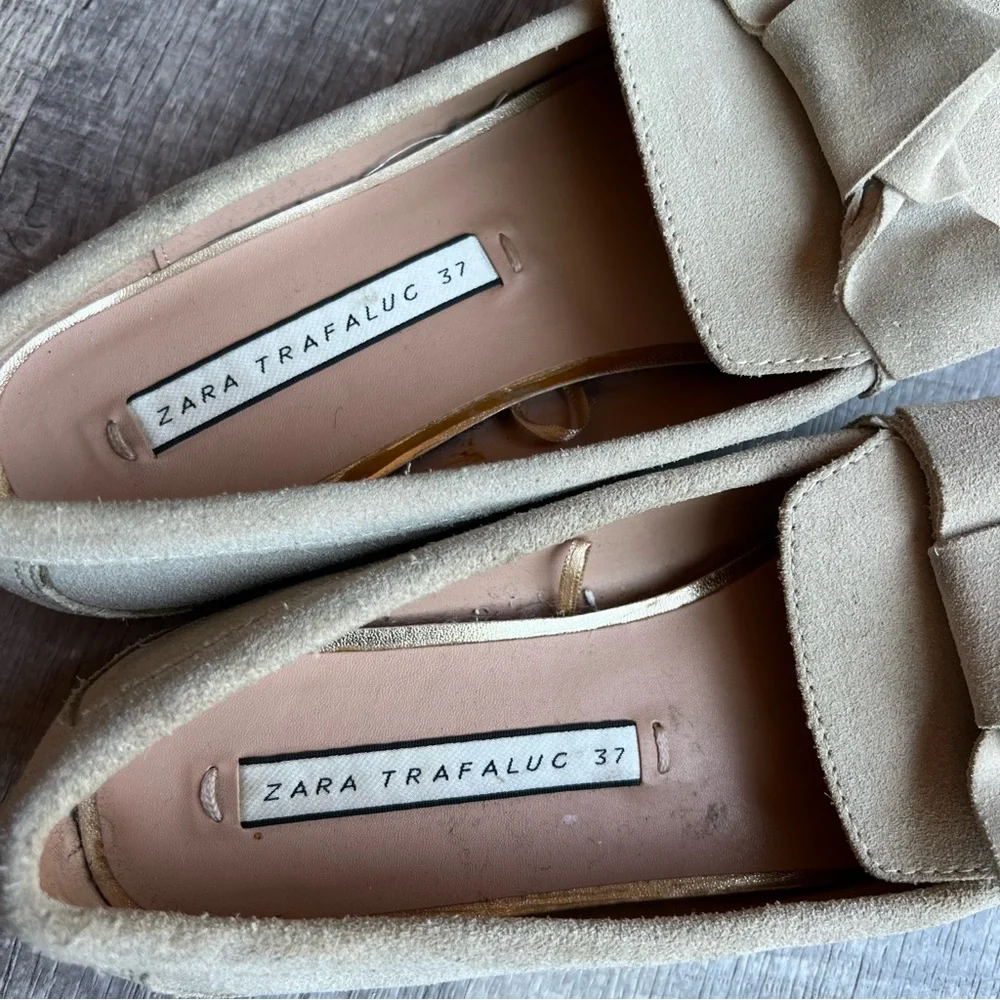 Zara Ice Beige Split Suede Loafers With Bow Moccasin EU37